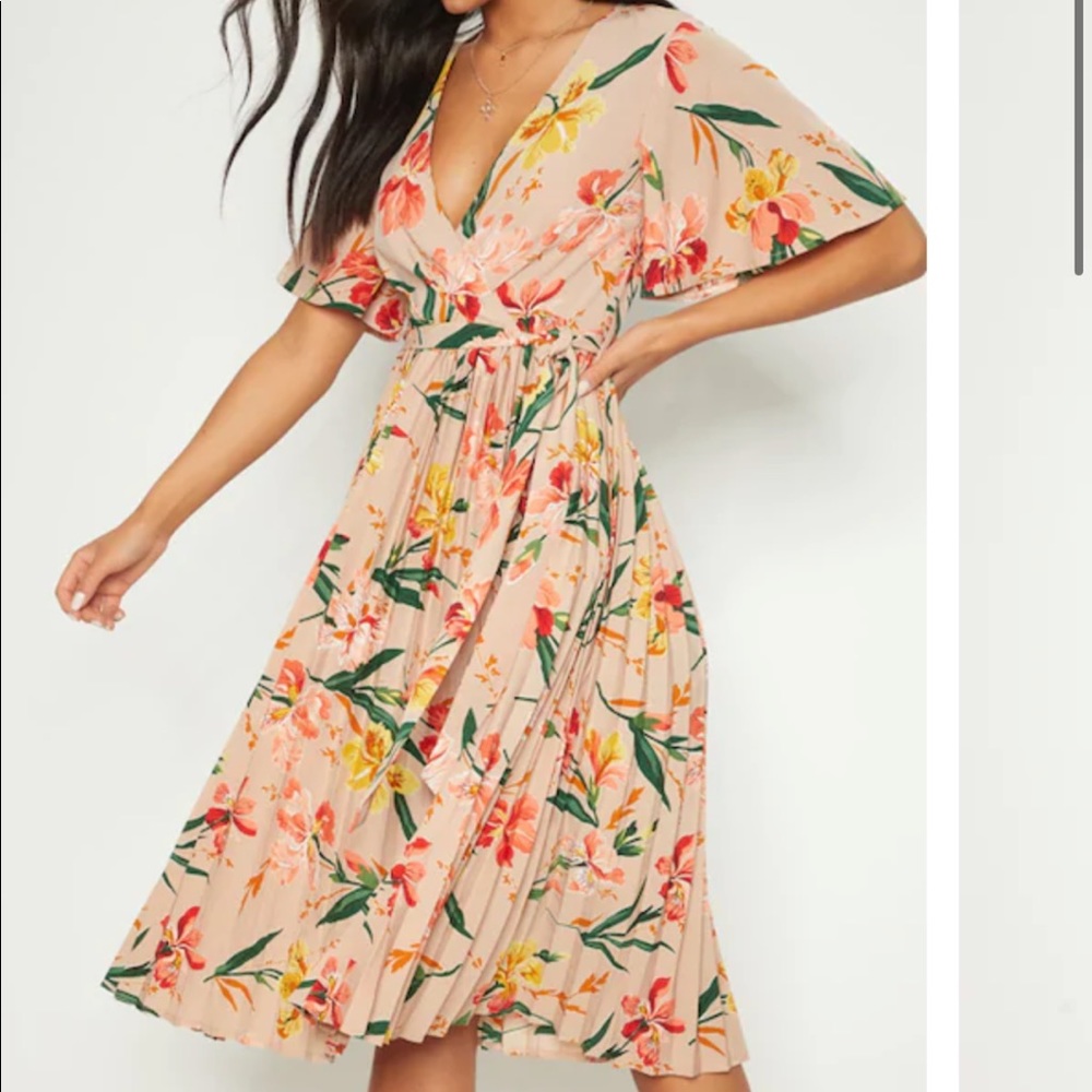 Pink Floral Pleated Midi Dress